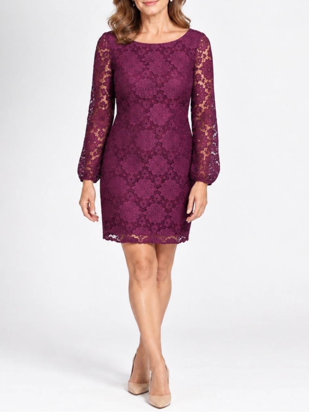 Nine West Plum Purple Floral Lace Sheath Dress Mother of the Bride Wedding Guest